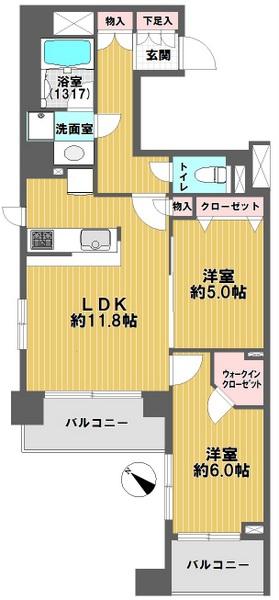 Floor plan. 2LDK, Price 38,800,000 yen, Occupied area 58.02 sq m , Balcony area 2.57 sq m