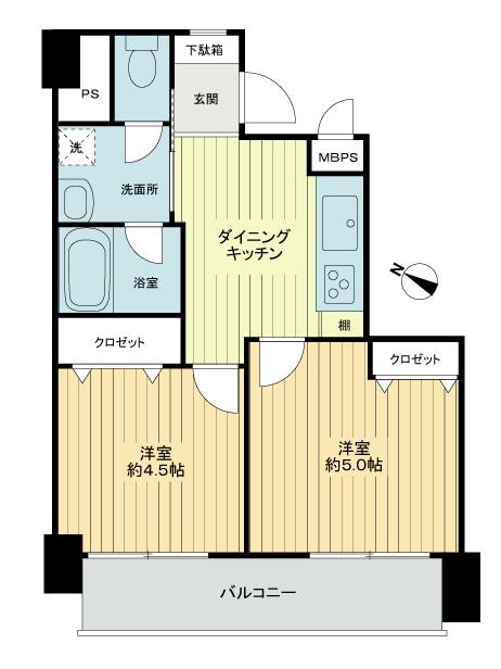 Floor plan. 2DK, Price 21,800,000 yen, Occupied area 34.24 sq m , Balcony area 6.78 sq m 2DK