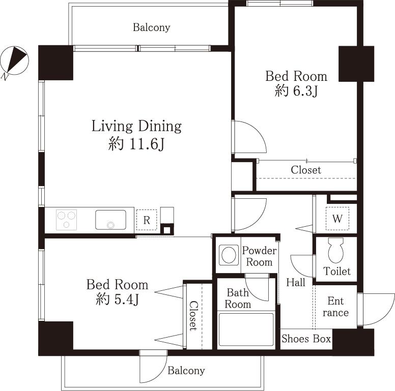 Floor plan. 2LDK, Price 34,800,000 yen, Occupied area 53.12 sq m , Balcony area 8.6 sq m