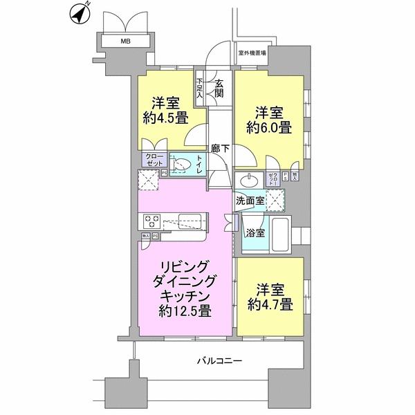 Floor plan. 3LDK, Price 49,800,000 yen, Occupied area 60.45 sq m , Balcony area 11.78 sq m