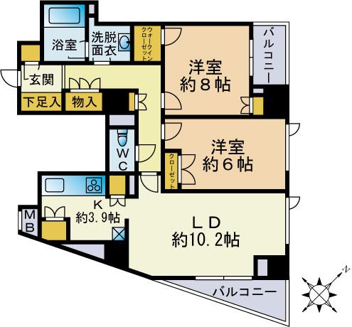 Floor plan. 2LDK, Price 52,800,000 yen, Occupied area 66.61 sq m , Balcony area 6.2 sq m
