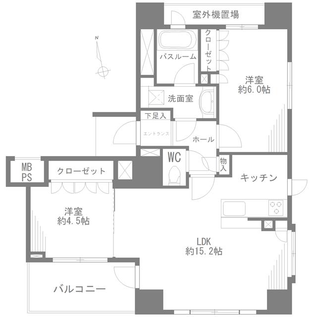 Floor plan. 2LDK, Price 43,900,000 yen, Occupied area 57.95 sq m , Balcony area 6.12 sq m east north-south three directions angle dwelling unit! ! It wasted no floor plan!