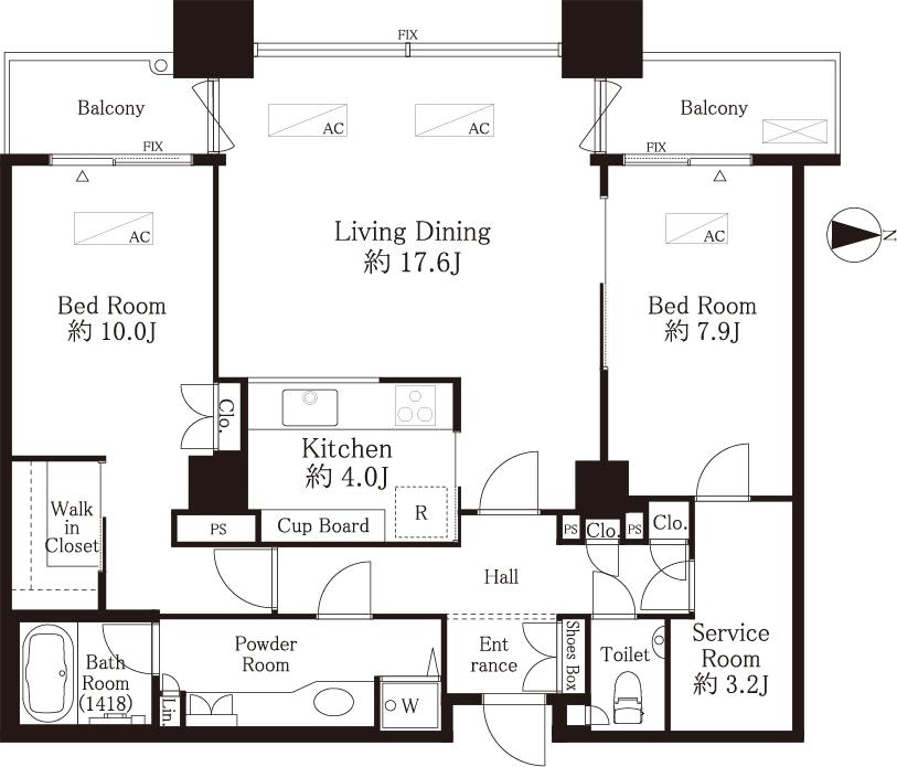 Floor plan. 2LDK + S (storeroom), Price 108 million yen, Occupied area 95.54 sq m , Balcony area 9.15 sq m floor plan
