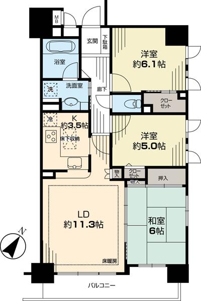 Floor plan. 3LDK, Price 48,500,000 yen, Occupied area 71.35 sq m , Balcony area 8 sq m