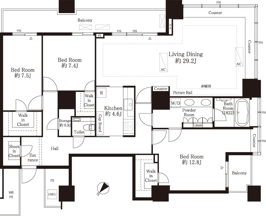 Floor plan. 3LDK, Price 198 million yen, Footprint 147.61 sq m , Balcony area 18.35 sq m floor plan