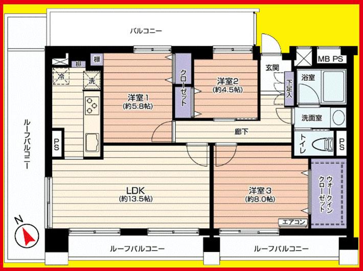 Floor plan. 3LDK, Price 44,800,000 yen, Occupied area 80.39 sq m , Balcony area 35.55 sq m