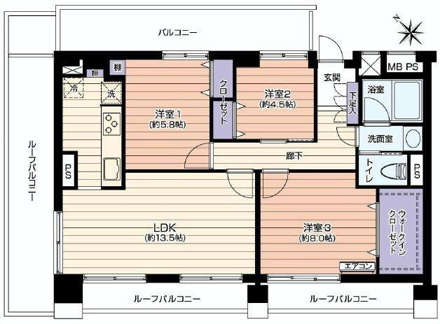 Floor plan. 3LDK, Price 44,800,000 yen, Occupied area 80.39 sq m , Balcony area 35.55 sq m