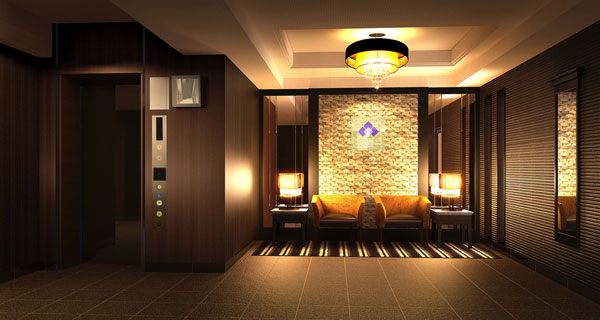 Shared facilities.  [Entrance lobby] And white granite wall that listed the coat of arms of "CONOE", Entrance lobby, which is composed of the wall surface of the wood tone of calm. It is a sophisticated Yingbin space modern and the sum is fused. (Entrance lobby Rendering)