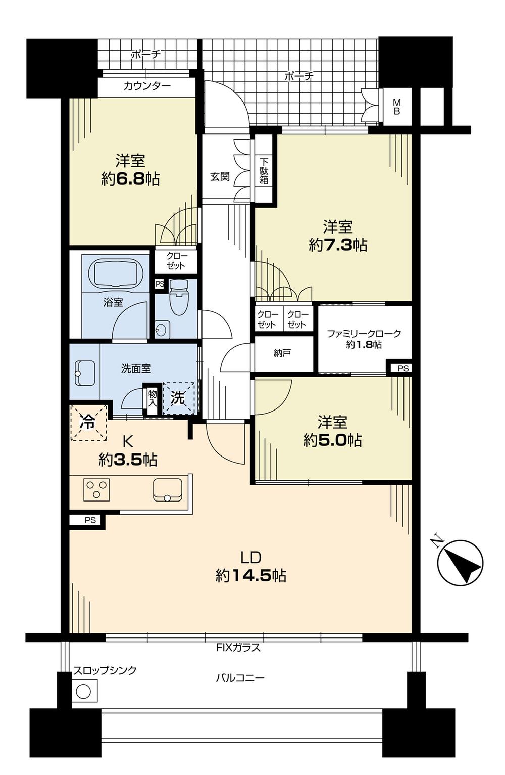 Floor plan. 3LDK, Price 71,800,000 yen, Occupied area 81.12 sq m , Balcony area 13.87 sq m