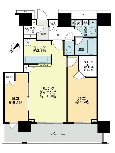Floor plan. 2LDK, Price 58 million yen, Occupied area 64.01 sq m , Balcony area 13.7 sq m