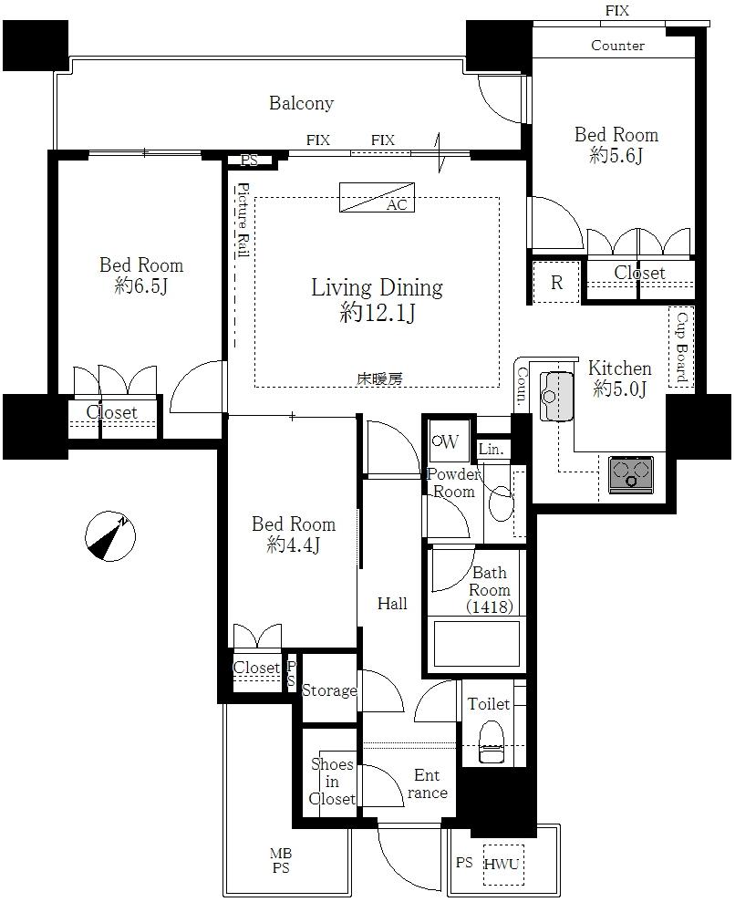 Floor plan. 3LDK, Price 67,900,000 yen, Occupied area 76.72 sq m , Balcony area 10.15 sq m floor plan