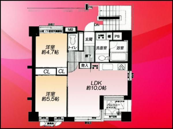 Floor plan. 2LDK, Price 34,500,000 yen, Occupied area 52.77 sq m , Balcony area 3.82 sq m