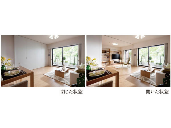 Living.  [Open & Close, Wall door that can be used to fit a space purpose] A movable partition "Wall door" is, You can two spaces into one by opening all. As a large living, It is possible in various ways such as the living room of plus α. (Except for some dwelling unit)