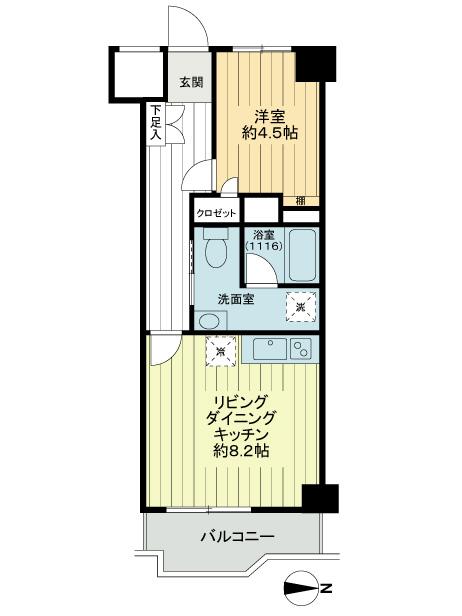 Floor plan. 1LDK, Price 18,800,000 yen, Occupied area 34.88 sq m , Balcony area 4.22 sq m