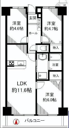 Floor plan. 3LDK, Price 29,800,000 yen, Occupied area 61.78 sq m , Balcony area 6.84 sq m