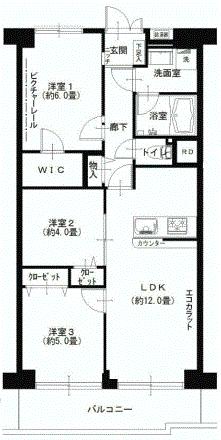 Floor plan. 3LDK, Price 26,900,000 yen, Occupied area 61.11 sq m , On the balcony area 7.84 sq m Ecocarat and picture rails, It is a little bit different interior