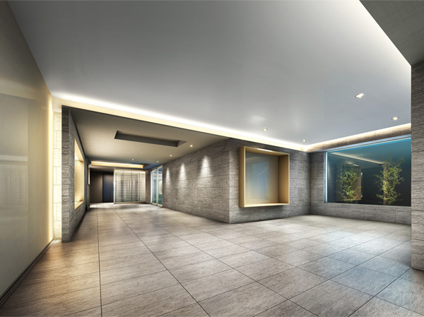 Shared facilities.  [Entrance hall] Solve the mind is a tiled space was lit by the soft light, Calm and neat entrance hall. (Rendering)