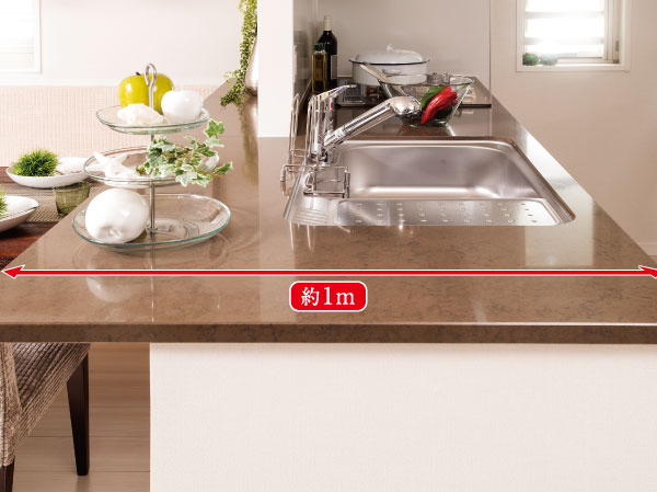 Kitchen.  [Flat counter] The face-to-face kitchen, It has adopted a flat counter of the depth of about 1m. beauty, Artificial marble that combines durability. It will produce a sense of openness and spacious comfortable to use. (Except for the A type)