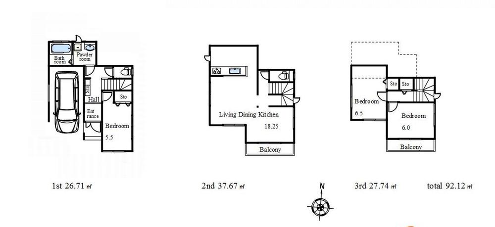 Floor plan. (2-A), Price 42,800,000 yen, 3LDK, Land area 70.1 sq m , Building area 92.12 sq m