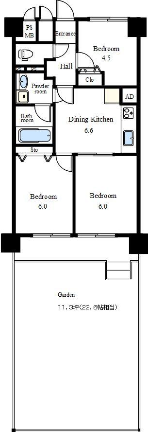 Floor plan. 3DK, Price 18 million yen, Occupied area 51.22 sq m , Balcony area is 7.7 sq m spacious plan with a garden that was