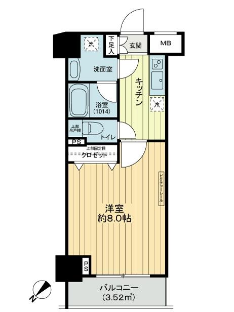 Floor plan. 1K, Price 14.5 million yen, Occupied area 25.44 sq m , Balcony area 3.52 sq m