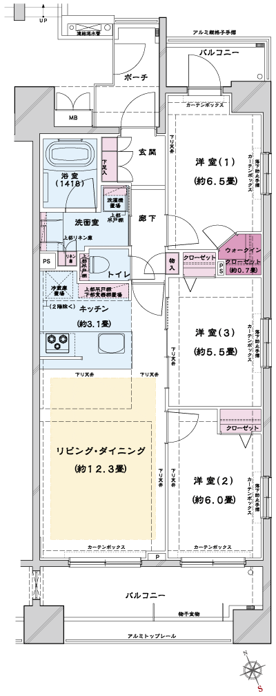Floor: 3LDK + W, the occupied area: 70.34 sq m