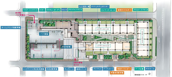 Features of the building.  [Enhancement of shared facilities] Lounge with two entrance leisurely relax, And, Views of the four seasons is a beautiful picture garden such as, The community space for the 239 family offers a landscape to entertain the family itself to live. (Site layout illustration)