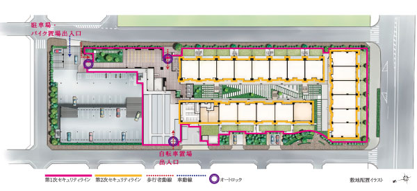 Security.  [Security system "Life Eyes"] Mitsubishi Estate Residence, Mitsubishi Estate Community, The new security system that was jointly developed with Secom "LIFE EYE'S". Consider the security of each property with the cooperation of Secom from the design stage, We are building the best system corresponding to each of the apartment. (Site layout illustration)