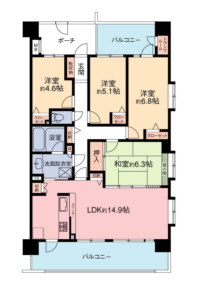 Floor plan. 4LDK, Price 38,800,000 yen, Footprint 87.7 sq m , Balcony area 21.42 sq m large 4LDK.