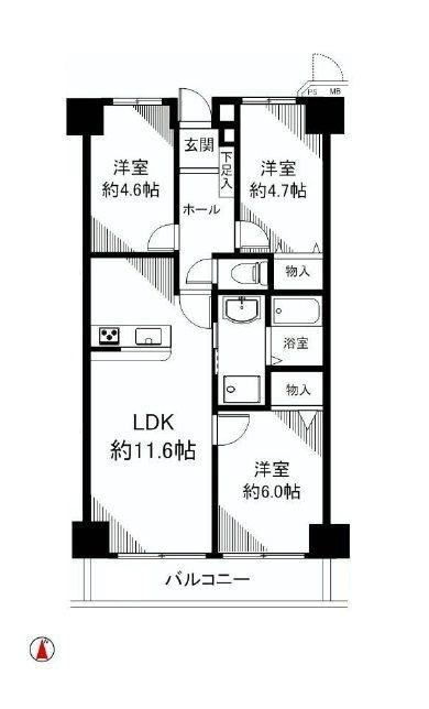 Floor plan. 3LDK, Price 29,800,000 yen, Occupied area 61.78 sq m , Balcony area 6.84 sq m