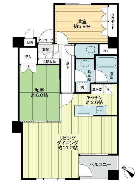 Floor plan. 2LDK, Price 22,800,000 yen, Occupied area 57.88 sq m , Balcony area 3.57 sq m