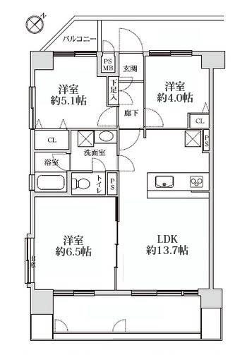 Floor plan. 3LDK, Price 31,800,000 yen, Footprint 65.8 sq m , Balcony area 5.24 sq m