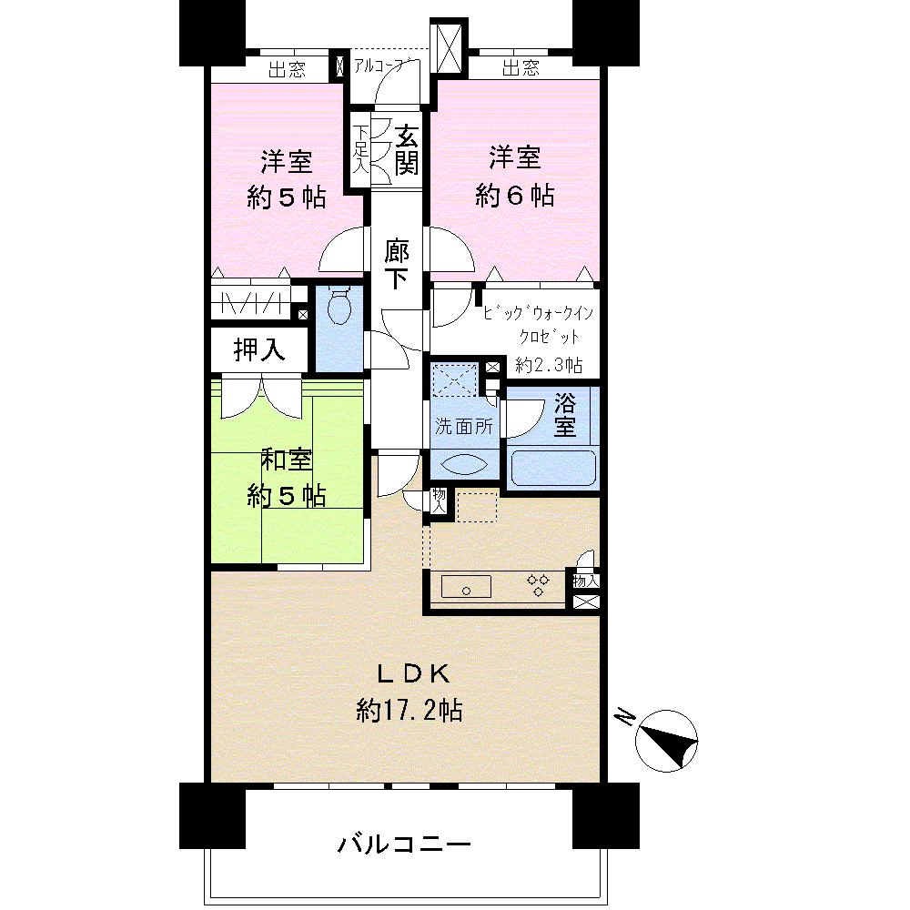 Floor plan. 3LDK, Price 32,800,000 yen, Occupied area 76.43 sq m , Balcony area 12.1 sq m