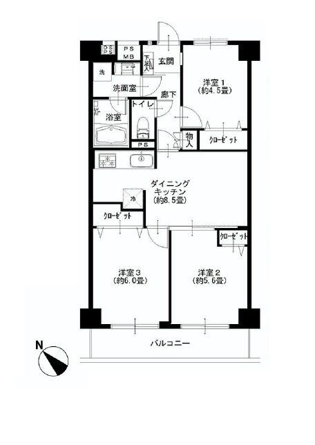 Floor plan. 3DK, Price 26,900,000 yen, Footprint 56 sq m , Balcony area 6.62 sq m