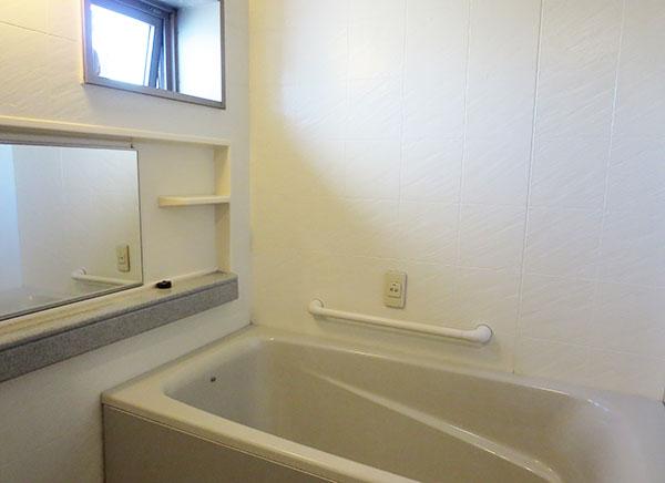 Bathroom. There is a window in the bathroom! There handrail! It is a bright and safe bathroom