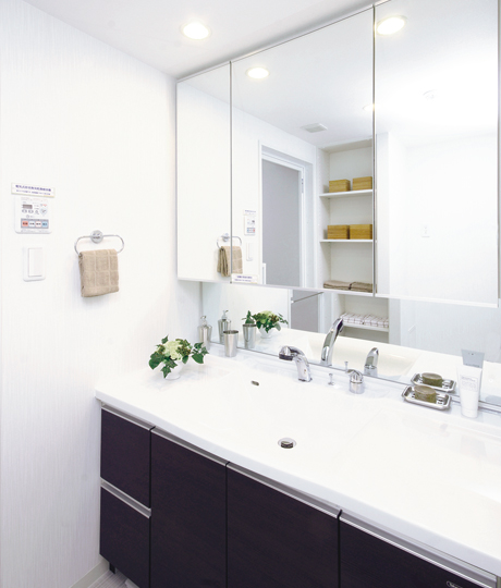 Bathing-wash room.  [Powder Room] Adopt a vanity with a three-sided mirror. Organize a tend to be a lot there is a convenient storage space vanity space in the lower portion of the three-sided mirror back and wash basin. You can retrieve what you need quickly.