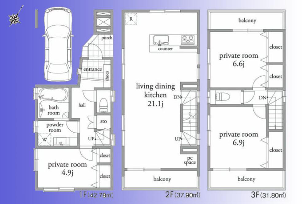 Floor plan. 33,800,000 yen, 3LDK, Land area 64.43 sq m , Building area 112.48 sq m   [Newly built single-family]  LDK21 Pledge of leeway 3LDK with car space