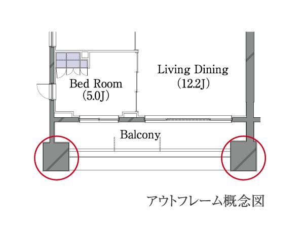 Building structure.  [Out frame] Adopt the out-frame design that beams and pillars does not project to the living space. After the room looks neat, The layout of the furniture is also free. You can use to enable the space.