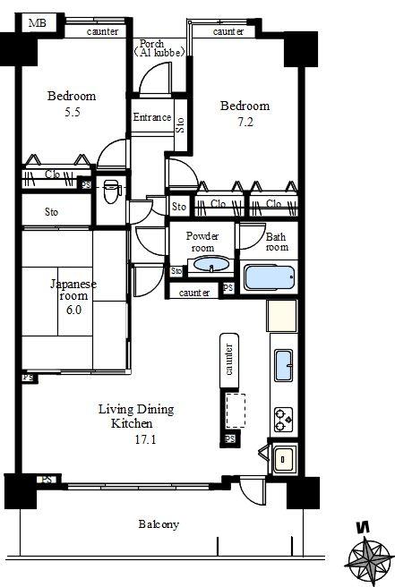 Floor plan. 3LDK, Price 24.6 million yen, Occupied area 76.54 sq m , Balcony area 12.98 sq m