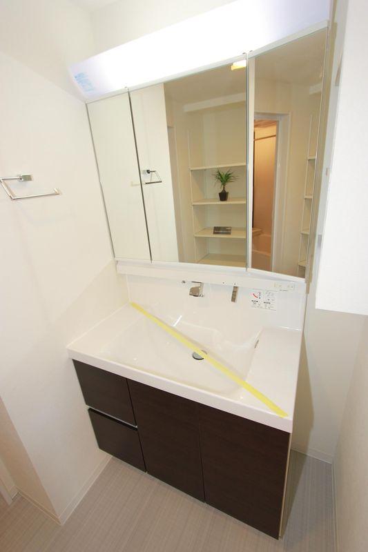 Wash basin, toilet. Vanity with shampoo for the shower faucet