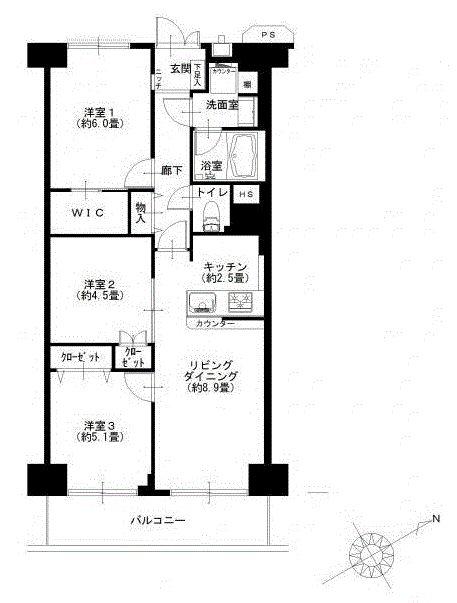 Floor plan. 3LDK, Price 29,900,000 yen, Occupied area 63.28 sq m , Balcony area 7.84 sq m