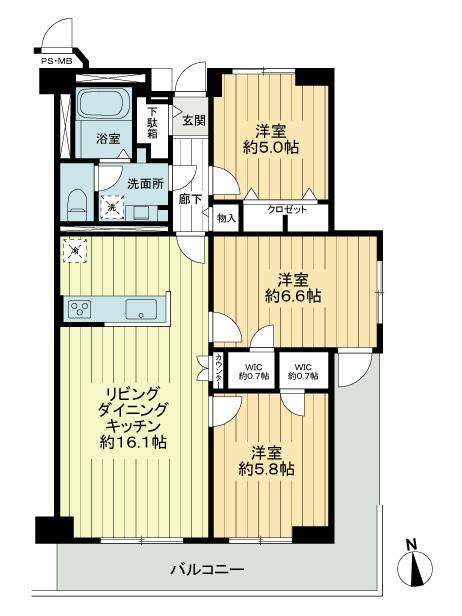 Floor plan. 3LDK, Price 32,900,000 yen, Occupied area 72.72 sq m , Balcony area 14.52 sq m Floor