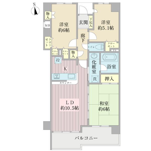 Floor plan. 3LDK, Price 32,800,000 yen, Occupied area 69.29 sq m , Balcony area 10.44 sq m