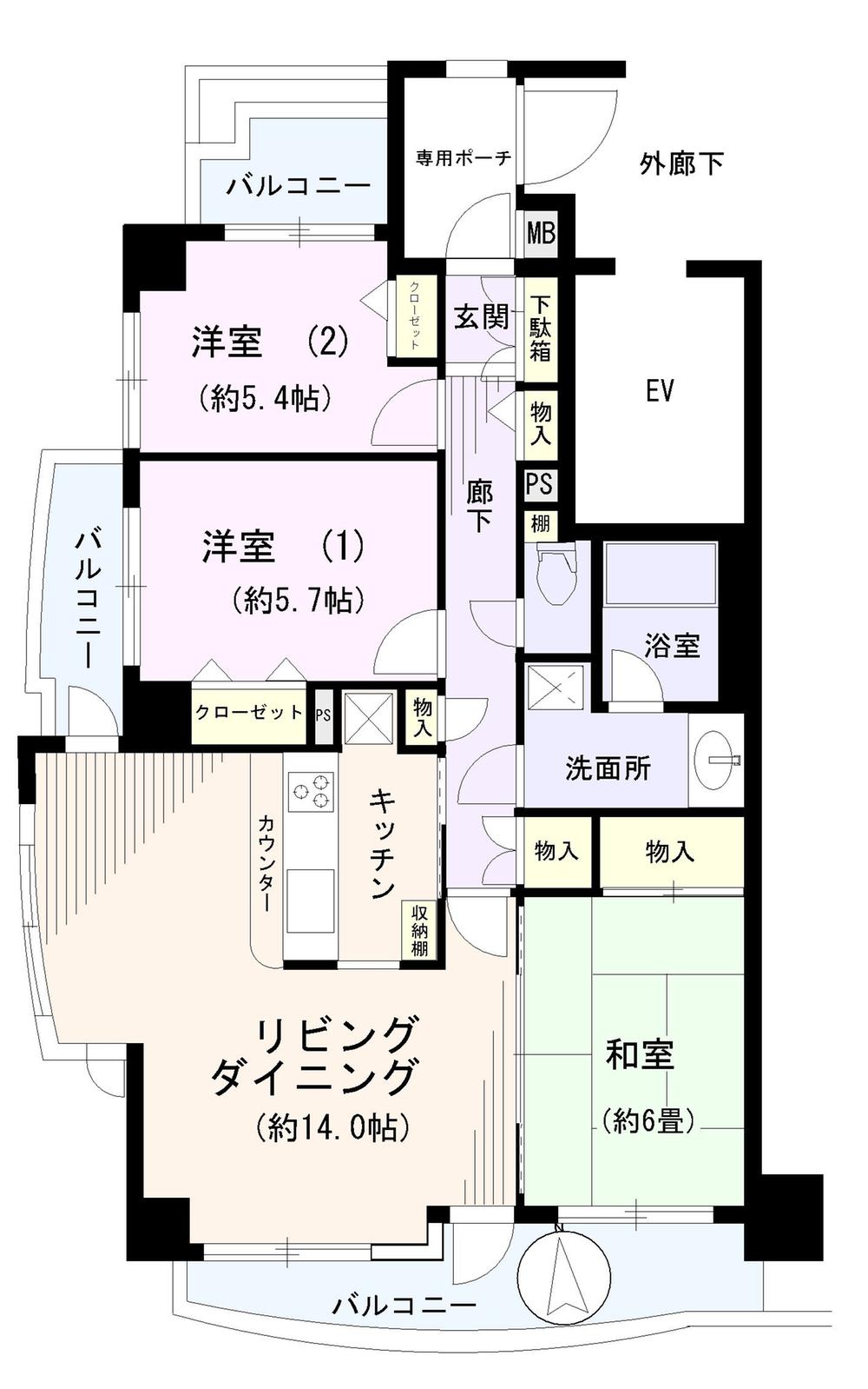 Floor plan. 3LDK, Price 26,800,000 yen, Occupied area 77.34 sq m , Balcony area 15.02 sq m