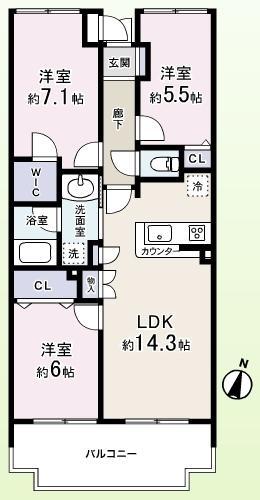 Floor plan. 3LDK, Price 31,900,000 yen, Occupied area 70.36 sq m , Balcony area 10.44 sq m spacious 14 Pledge than of living and abundant storage is attractive