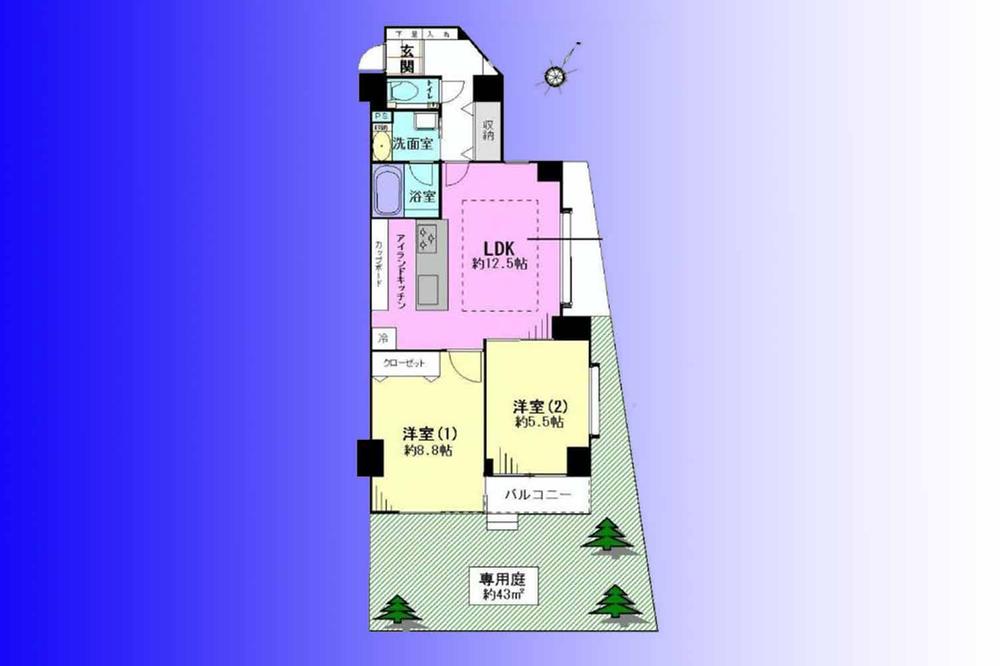 Floor plan. 2LDK, Price 25,800,000 yen, Occupied area 65.21 sq m , Balcony area 4.05 sq m   [Privilege of the first floor dwelling unit, Private garden]