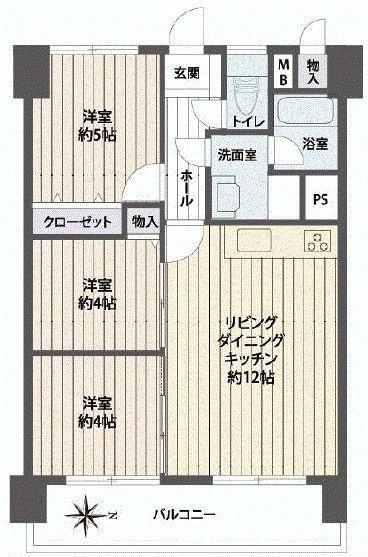Floor plan. 3LDK, Price 22,400,000 yen, Footprint 59.8 sq m , Balcony area 9.29 sq m