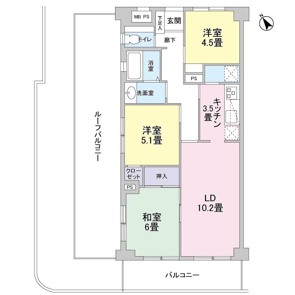Floor plan. 3LDK, Price 29,800,000 yen, Occupied area 68.97 sq m , Balcony area 6.48 sq m 3LDK type ・ Footprint: 68.97 sq m Balcony area: 6.48 sq m Roof balcony area: about 26 sq m