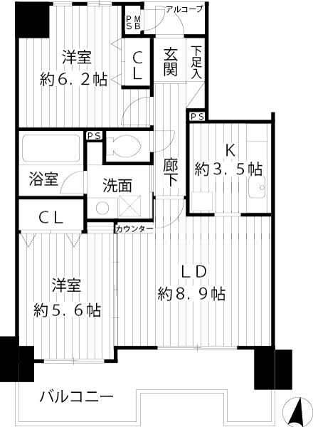 Floor plan. 2LDK, Price 29,800,000 yen, Occupied area 55.15 sq m , Balcony area 9.88 sq m