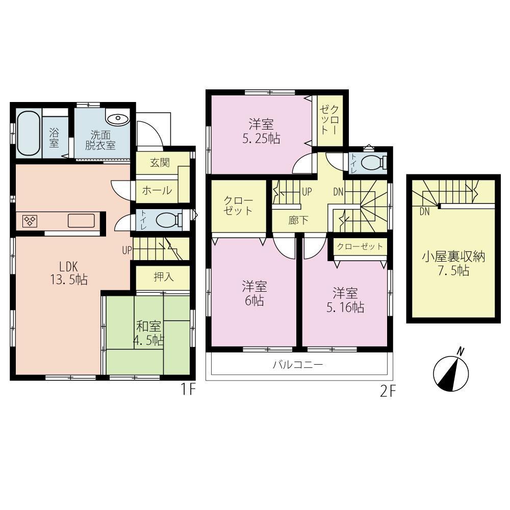Building plan example (floor plan). Building plan example (No. 5 locations) Building Price 14.5 million yen, Easy-to-use floor plan that takes into account the building area 85.05 sq m housework leads